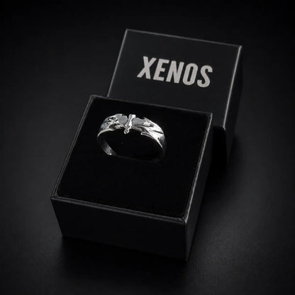Minimalist Bat Ring Silver Displayed in Xenos Jewelry Box