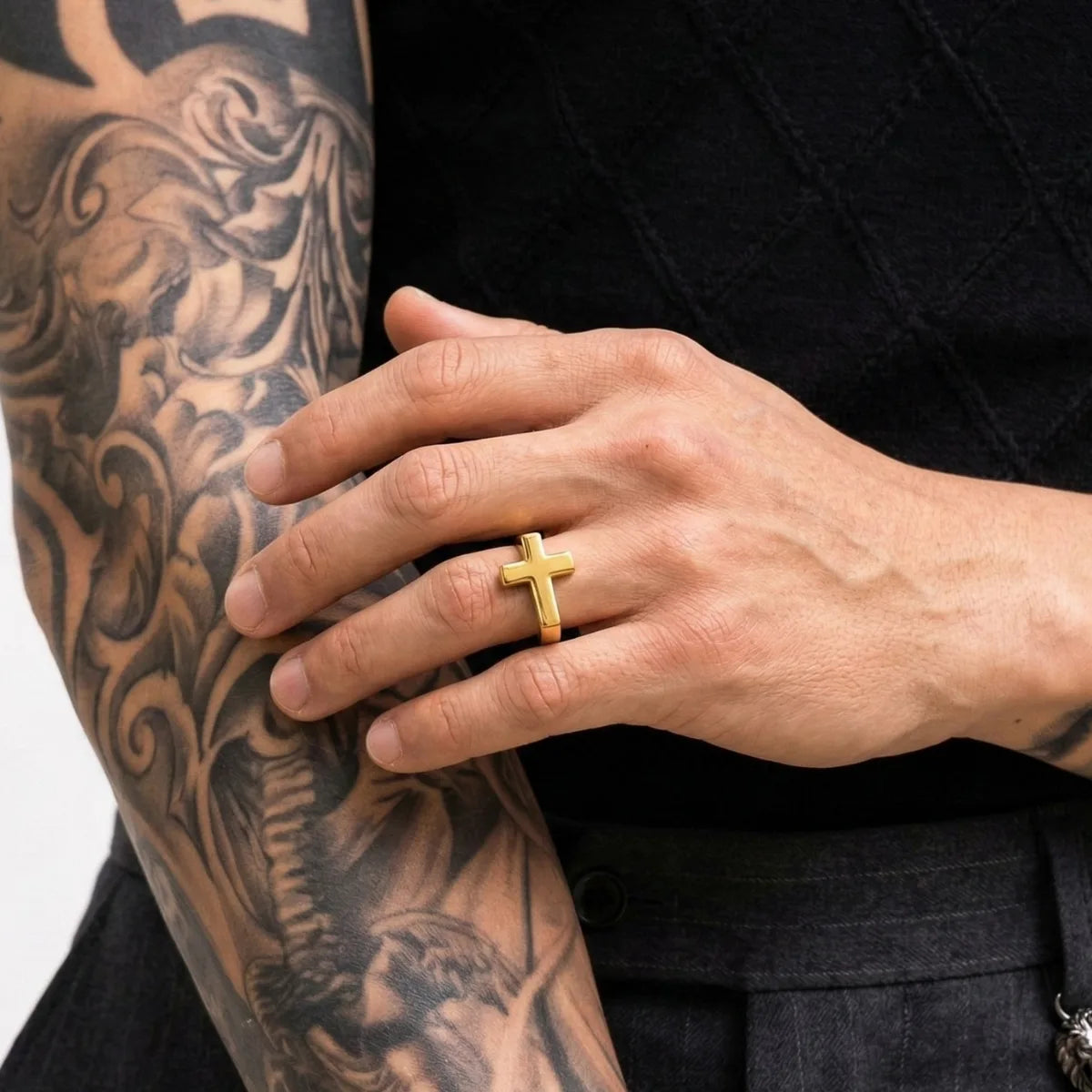Minimalist Solid Cross Ring Gold Worn by Male Model