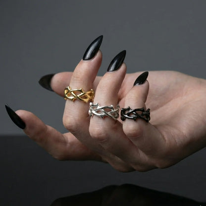 Minimalist Thorns Rings Silver Gold and Black Worn by Female Model