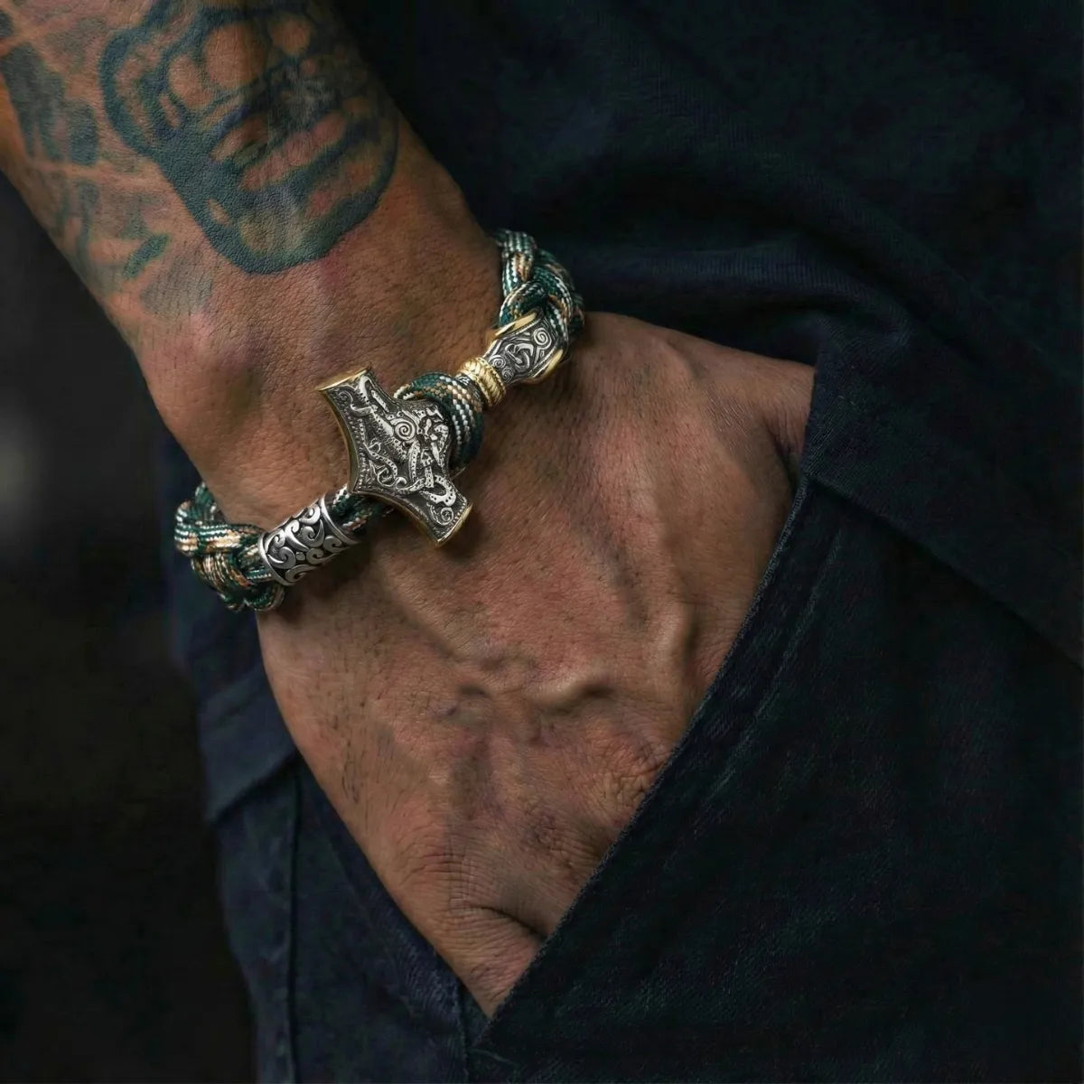 Mjolnir Paracord Bracelet Camo & Gold Worn by Male Model