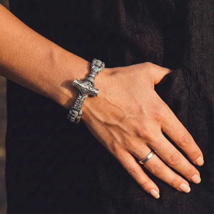 Mjolnir Paracord Bracelet Grey & Steel Worn by Female Model