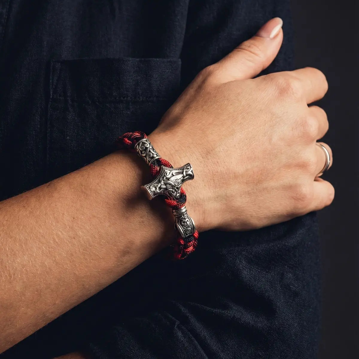 Mjolnir Paracord Bracelet Red & Steel Worn by Female Model
