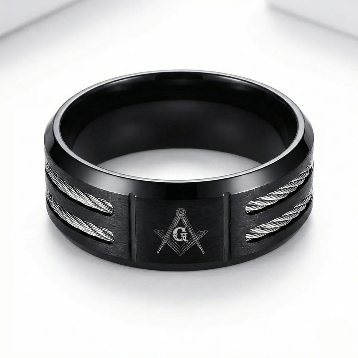 Modern Masonic Wedding Band Black Details