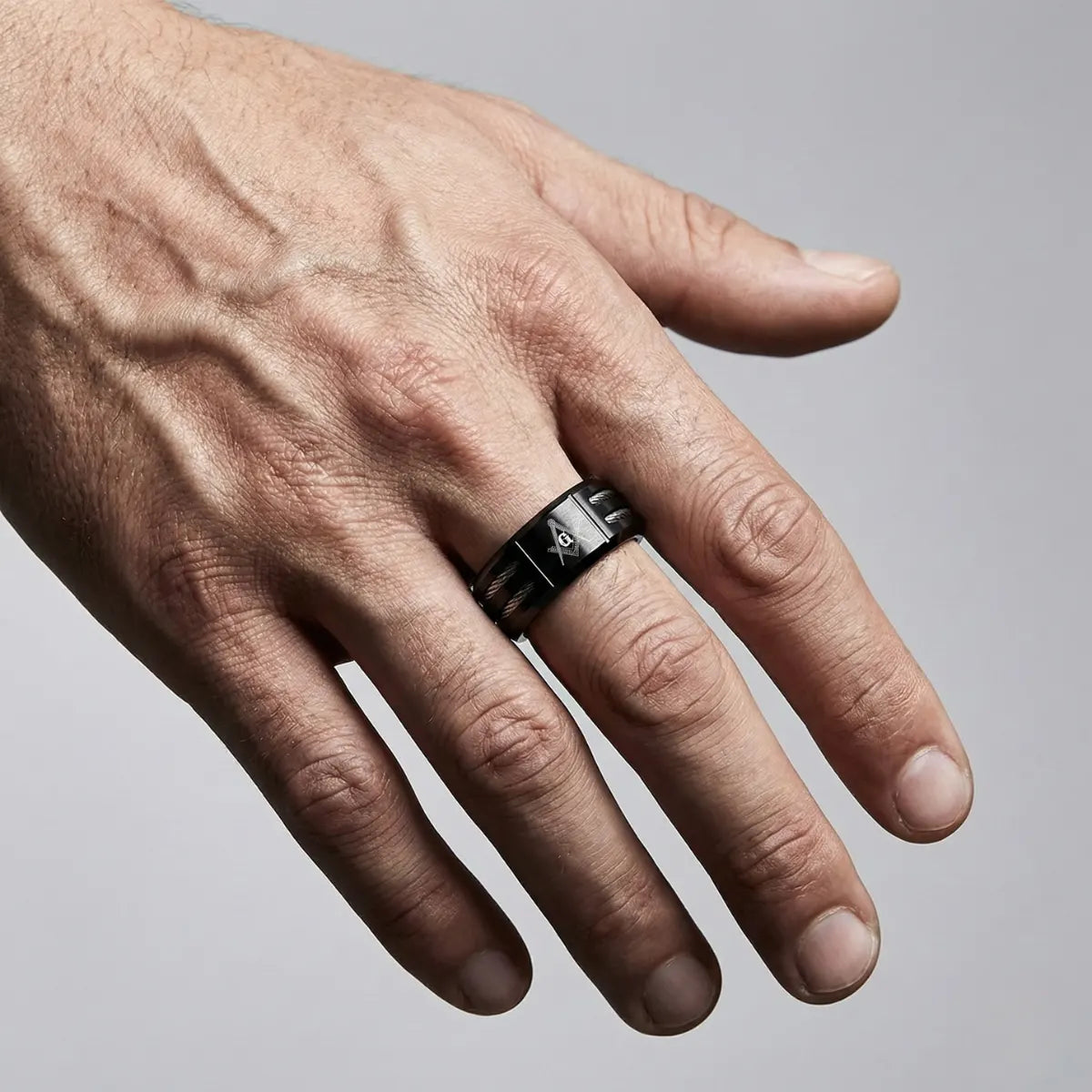 Modern Masonic Wedding Band Black Worn by Male Model Close Up