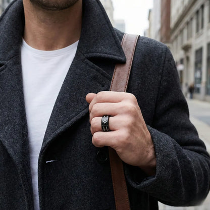 Modern Masonic Wedding Band Black Worn by Male Model