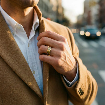 Modern Masonic Wedding Band Gold Worn by Male Model