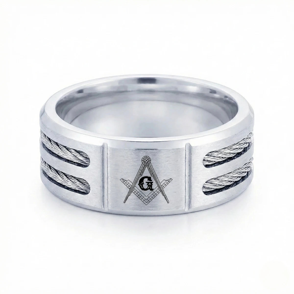 Modern Masonic Wedding Band Silver Details