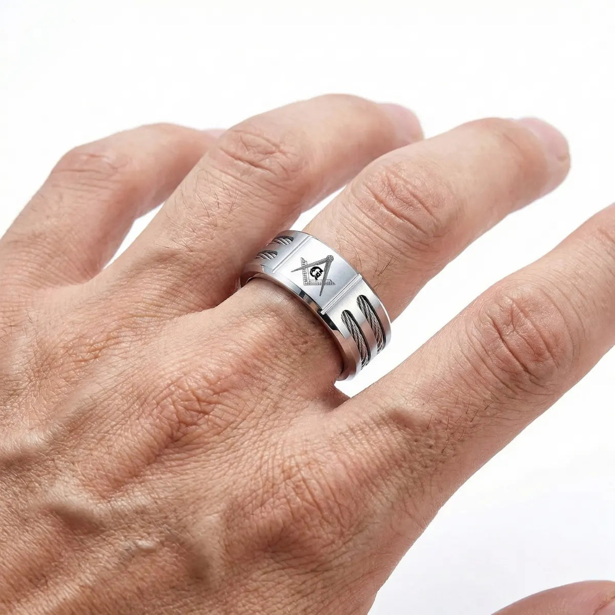 Modern Masonic Wedding Band Silver Worn by Male Model Close Up