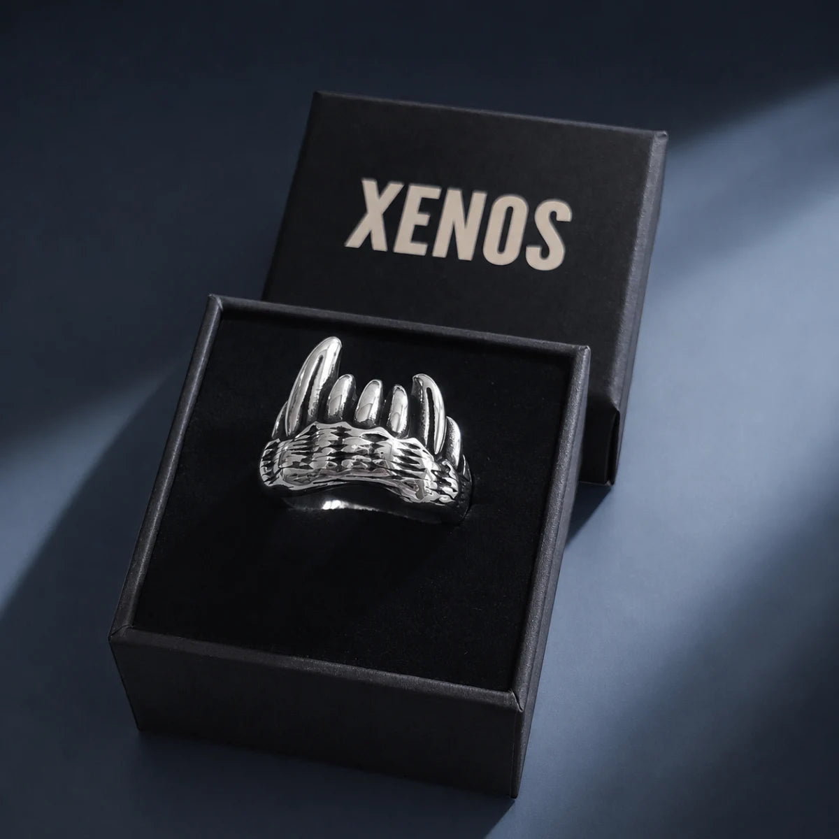 Monster Fangs Ring Silver Displayed in Xenos Jewelry Box