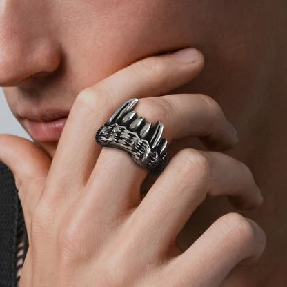 Monster Fangs Ring Silver Worn by Male Model Close Up