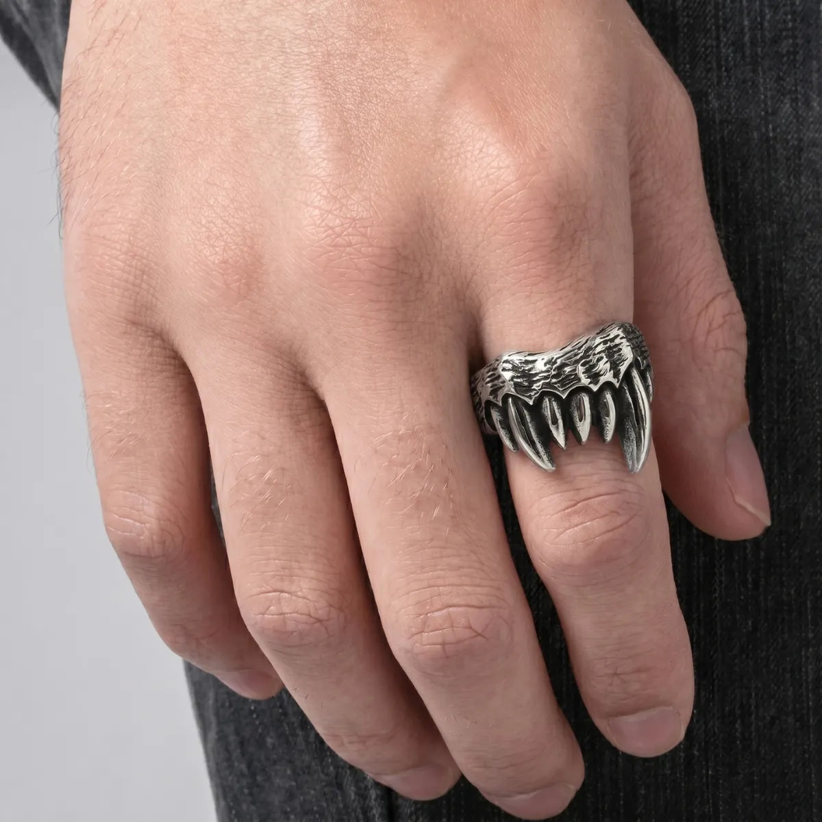 Monster Fangs Ring Silver Worn on Hand Close Up