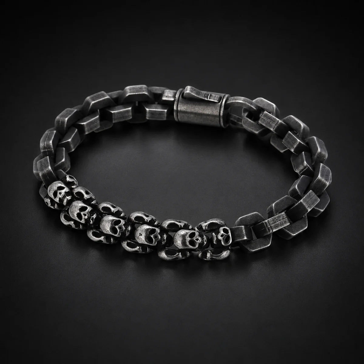 Multi Skull Block Bracelet Antique Black Close Up Black Background