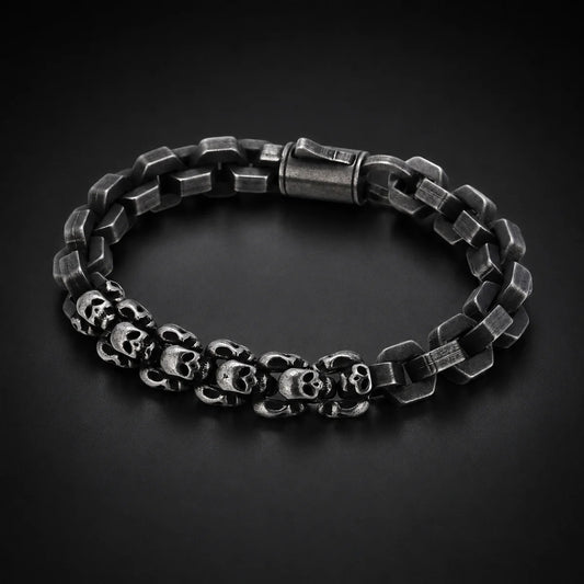 Multi Skull Block Bracelet Antique Black Close Up Black Background