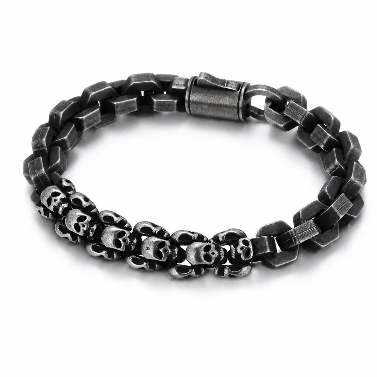 Multi Skull Block Bracelet Antique Black Front View White Background