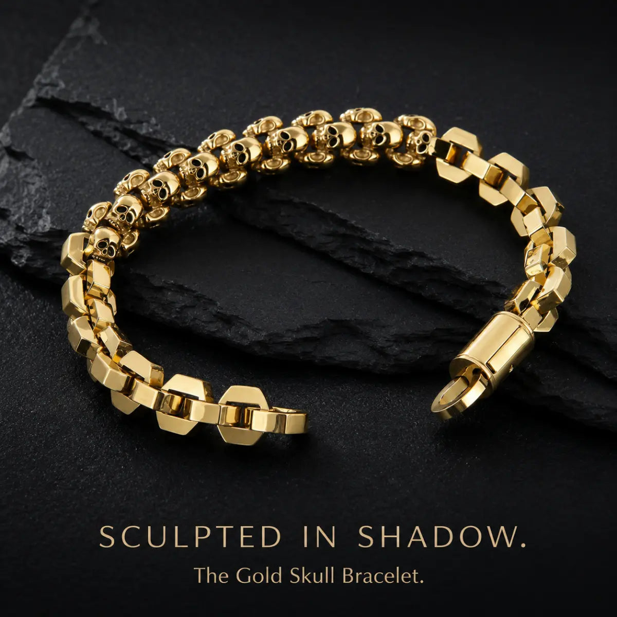 Multi Skull Block Bracelet Gold Displayed on Stone Surface