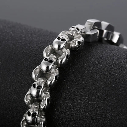 Multi Skull Block Bracelet Silver Detail Close Up Black Background
