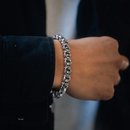 Multi Skull Block Bracelet Silver Worn on Hand Close Up