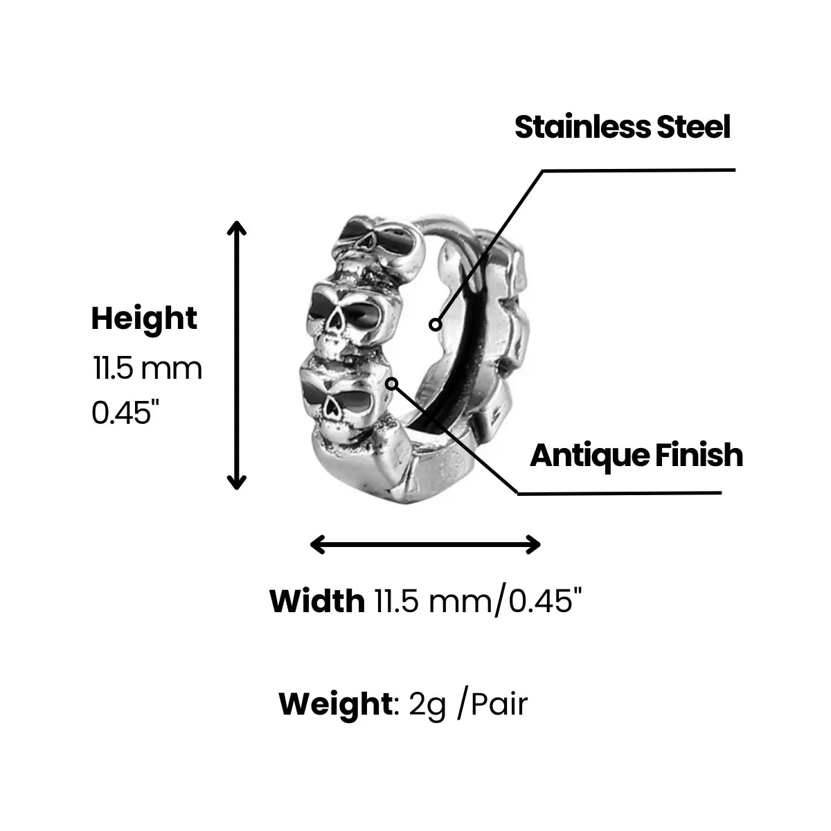 Multi Skull Huggie Hoop Earrings Dimensions and Weight