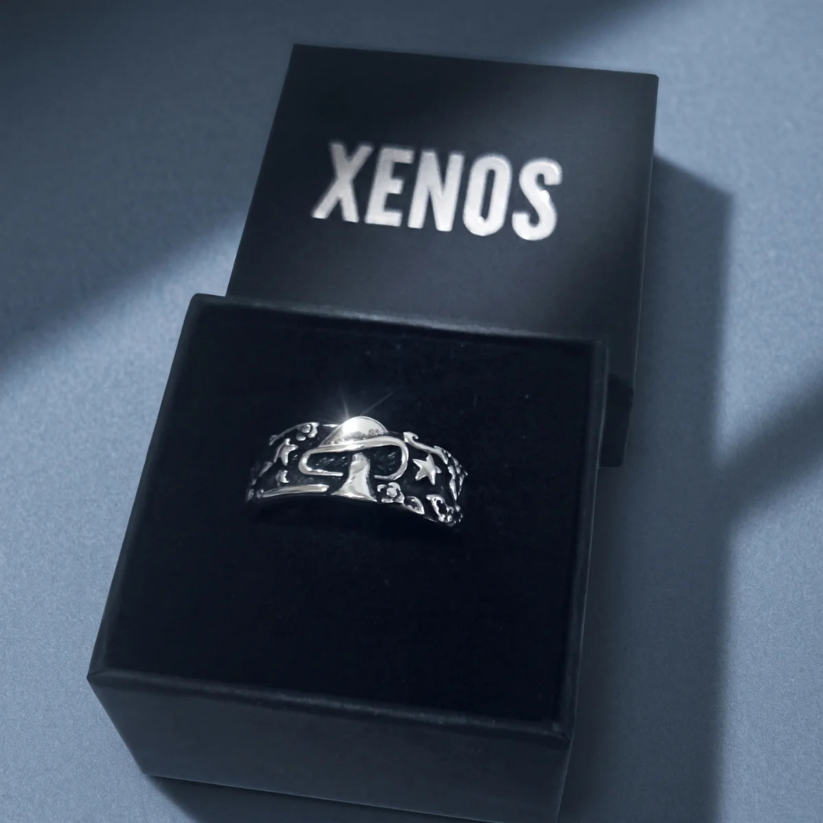 Mushroom Ring Silver Presented in Xenos Jewelry Packaging Box