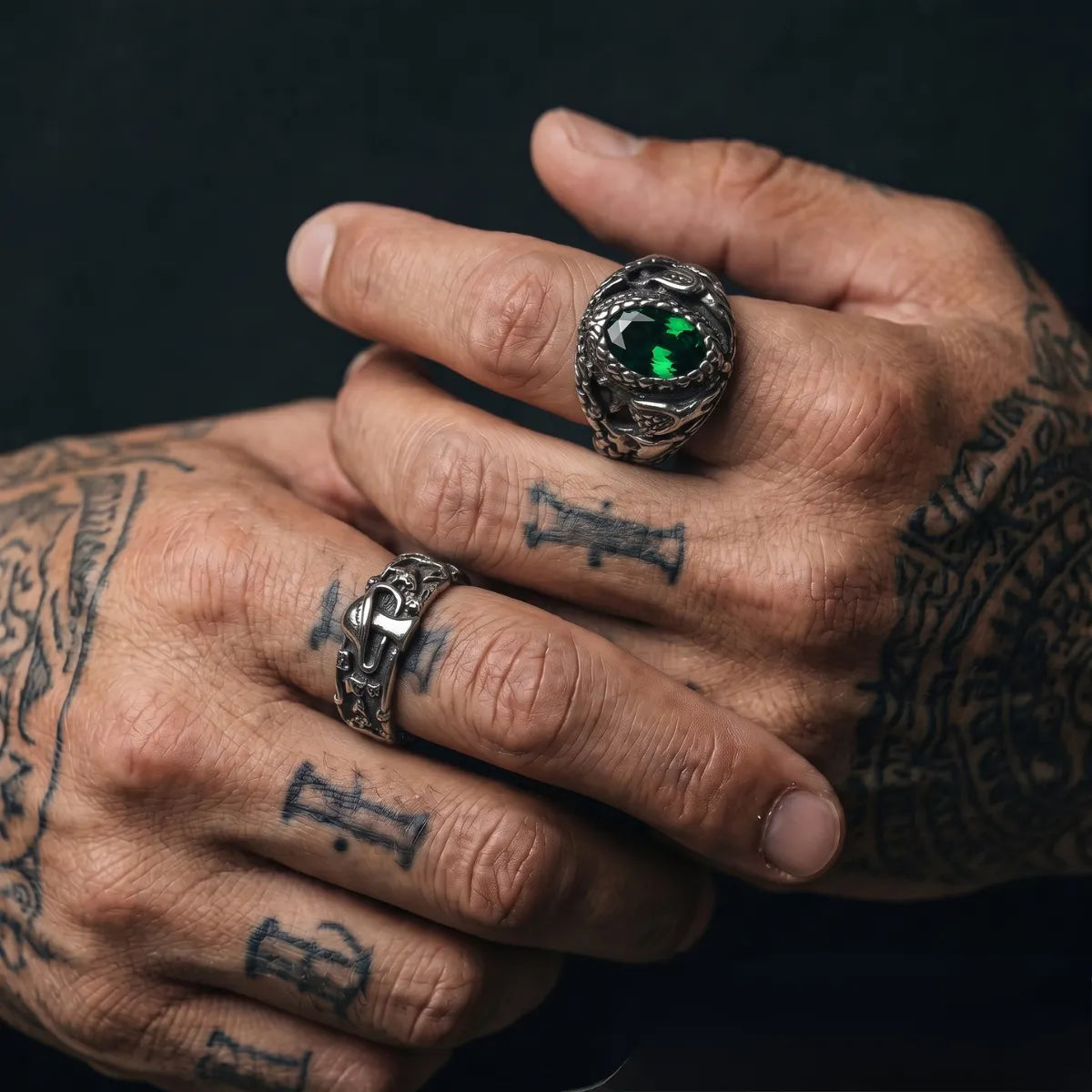 Mushroom Ring Silver Worn by Male Model with Tattoos