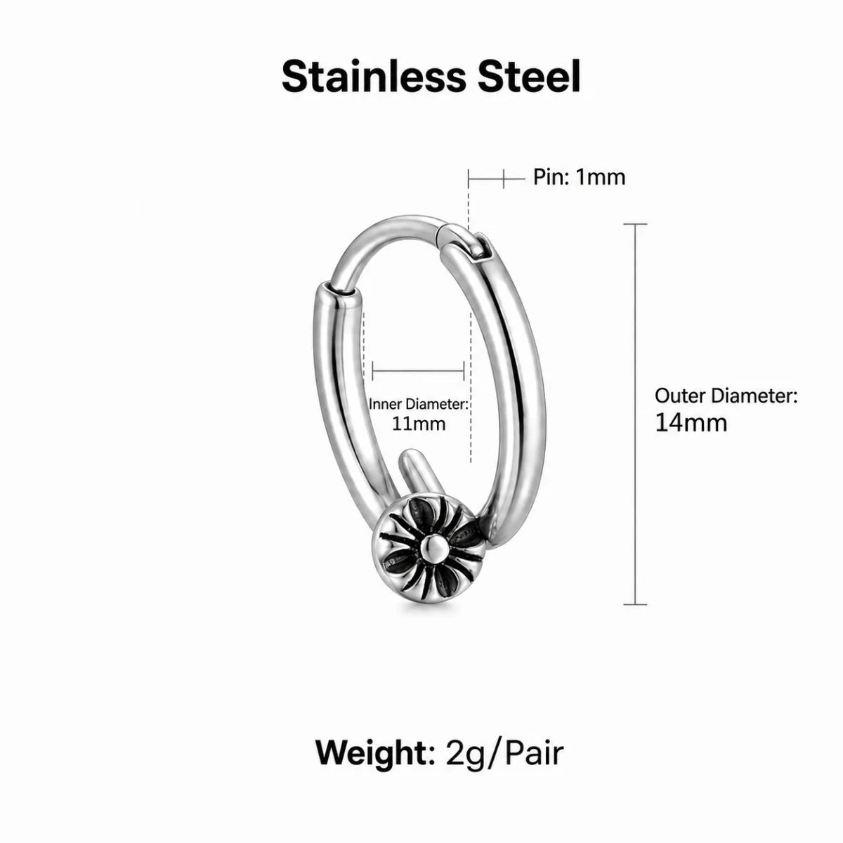 Nail Hoop Earrings Silver Dimensions and Weight Infographic