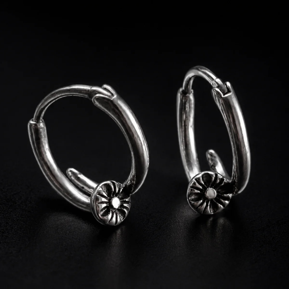 Nail Hoop Earrings Silver Pair Close Up Black Background