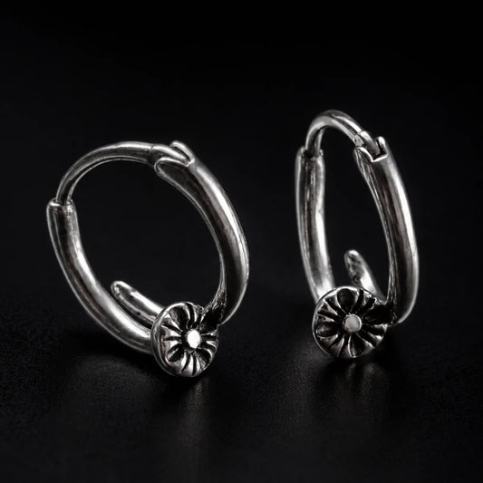 Nail Hoop Earrings Silver Pair Close Up Black Background