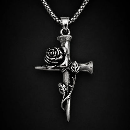 Nail Rose Cross Pendant Necklace Silver Close Up Black Background