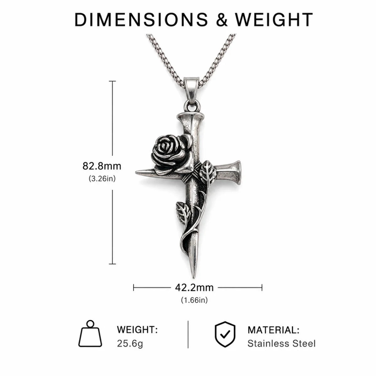 Nail Rose Cross Pendant Necklace Silver Dimension Diagram 62.4mm 2.46inch and 32.2mm 1.27inch