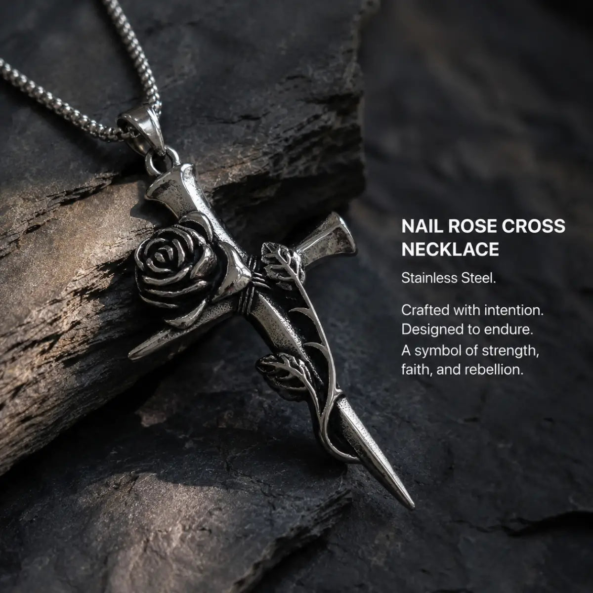 Nail Rose Cross Pendant Necklace Silver Displayed on Wood Surface