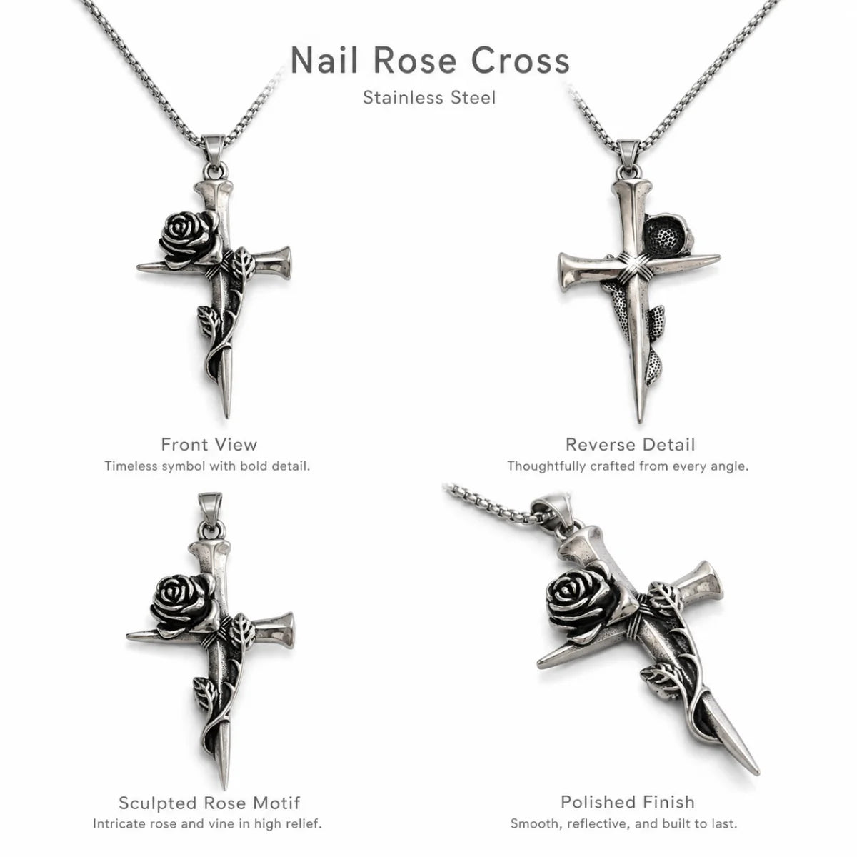 Nail Rose Cross Pendant Necklace Silver Multi Angle Product Feature Showcase