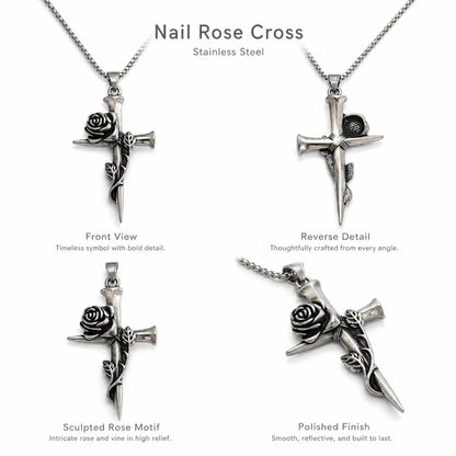 Nail Rose Cross Pendant Necklace Silver Multi Angle Product Feature Showcase