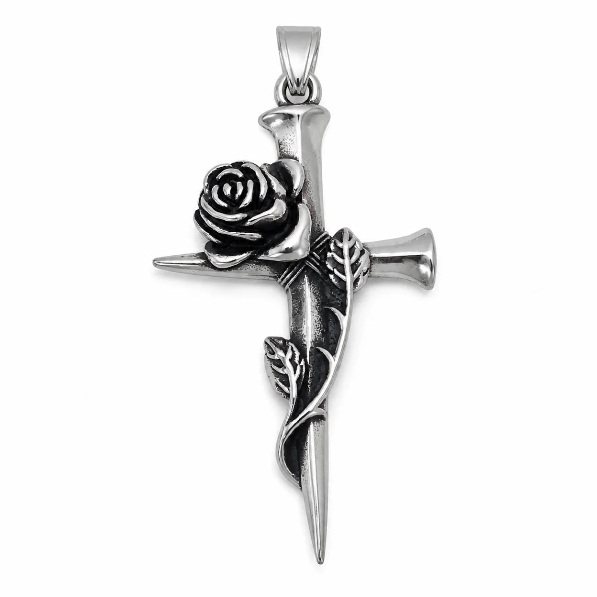 Nail Rose Cross Pendant Necklace Silver Pendant Only Front View White Background