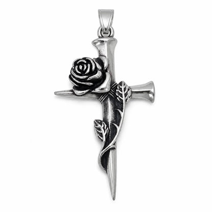 Nail Rose Cross Pendant Necklace Silver Pendant Only Front View White Background