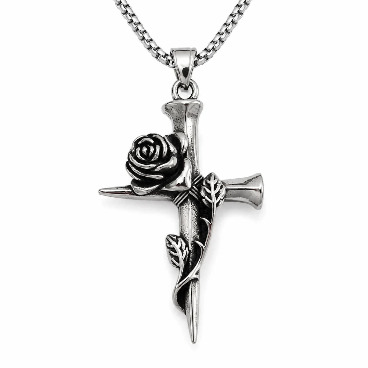 Nail Rose Cross Pendant Necklace Silver Pendant with Chain Front View White Background