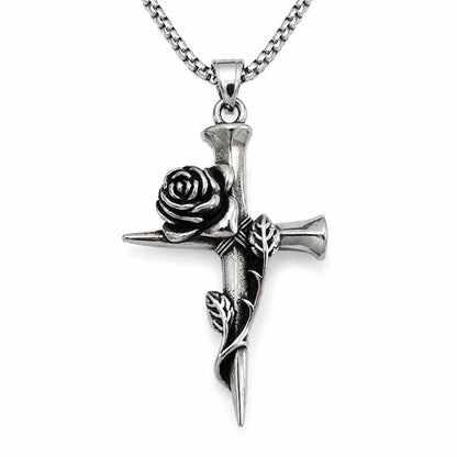 Nail Rose Cross Pendant Necklace Silver Pendant with Chain Front View White Background