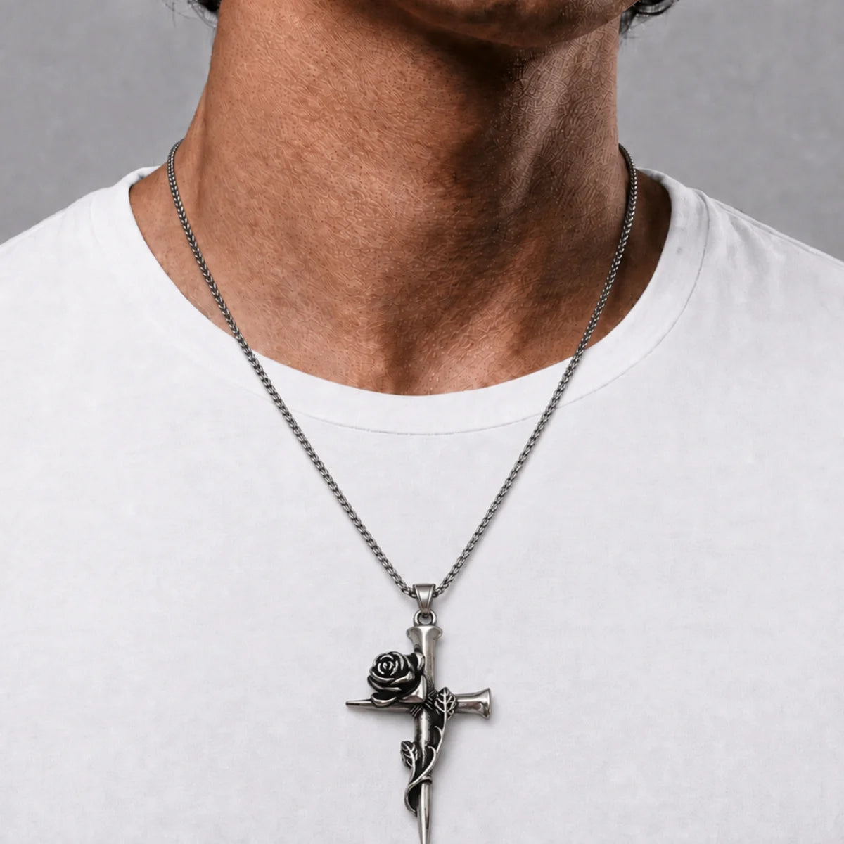 Nail Rose Cross Pendant Necklace Silver Worn by Male Model Chest View