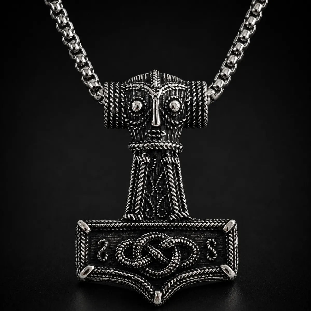 Norse Thor Hammer Pendant Necklace Silver Close Up Black Background