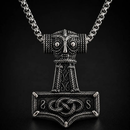 Norse Thor Hammer Pendant Necklace Silver Close Up Black Background