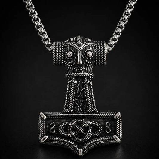 Norse Thor Hammer Pendant Necklace Silver Close Up Black Background