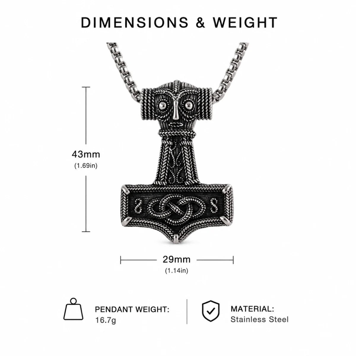 Norse Thor Hammer Pendant Necklace Silver Dimension Diagram 42.1mm 1.66inch and 29mm 1.14inch
