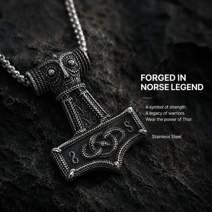 Norse Thor Hammer Pendant Necklace Silver Displayed on Stone Surface