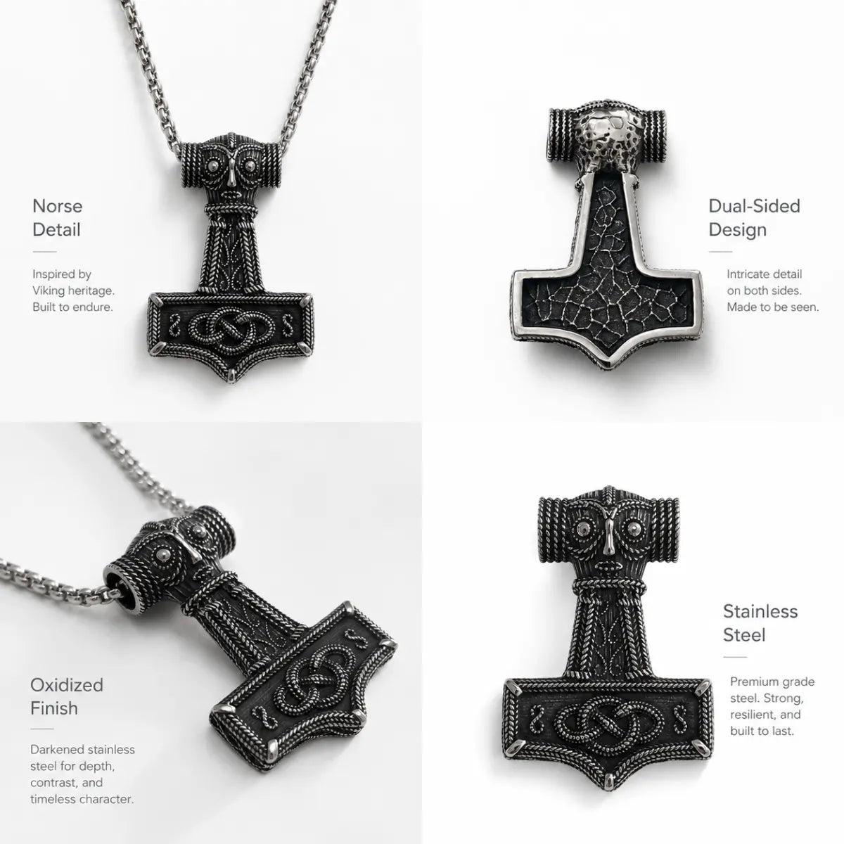 Norse Thor Hammer Pendant Necklace Silver Multi Angle Product Feature Showcase