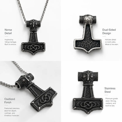 Norse Thor Hammer Pendant Necklace Silver Multi Angle Product Feature Showcase