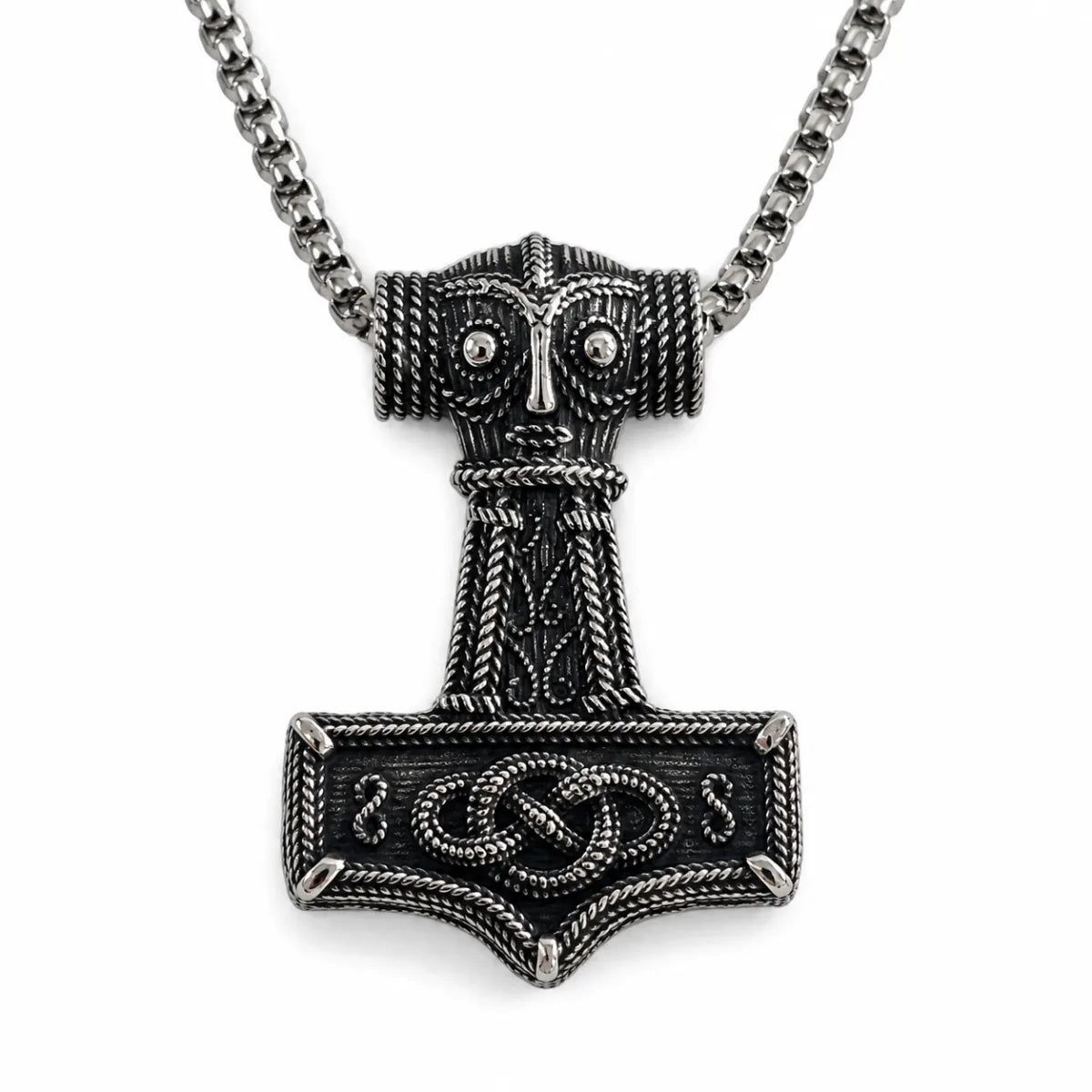 Norse Thor Hammer Pendant Necklace Silver Pendant with Chain Front View White Background
