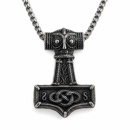Norse Thor Hammer Pendant Necklace Silver Pendant with Chain Front View White Background