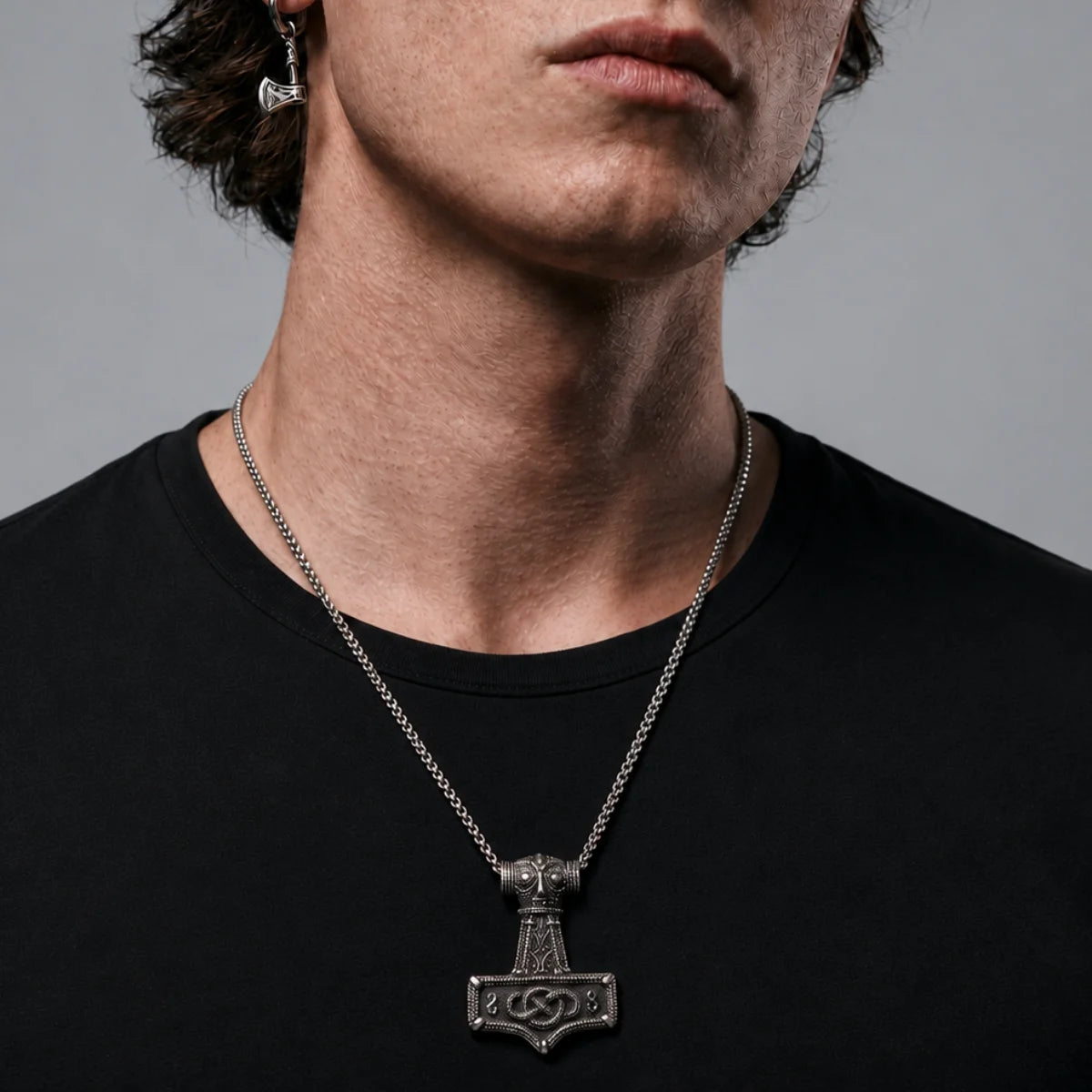 Norse Thor Hammer Pendant Necklace Silver Worn by Male Model Chest View