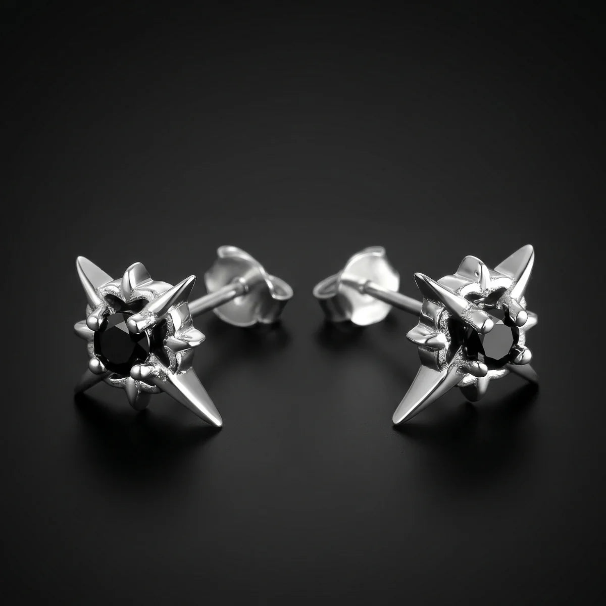 North Star Diamond Stud Earrings Black Close Up