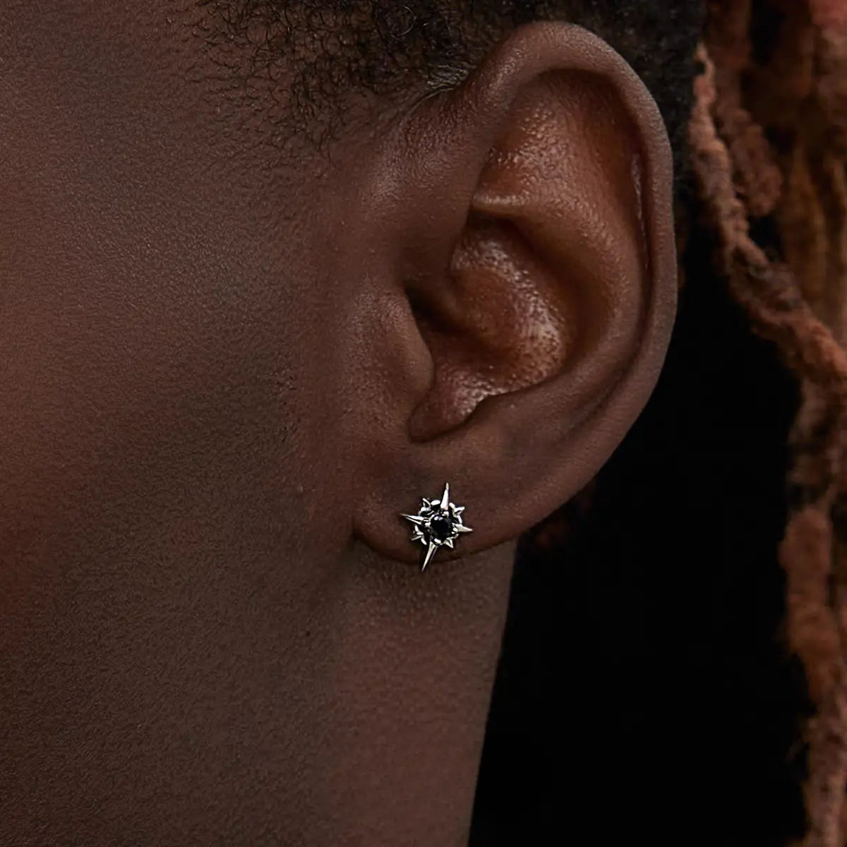 North Star Diamond Stud Earrings Black Worn by Male Model