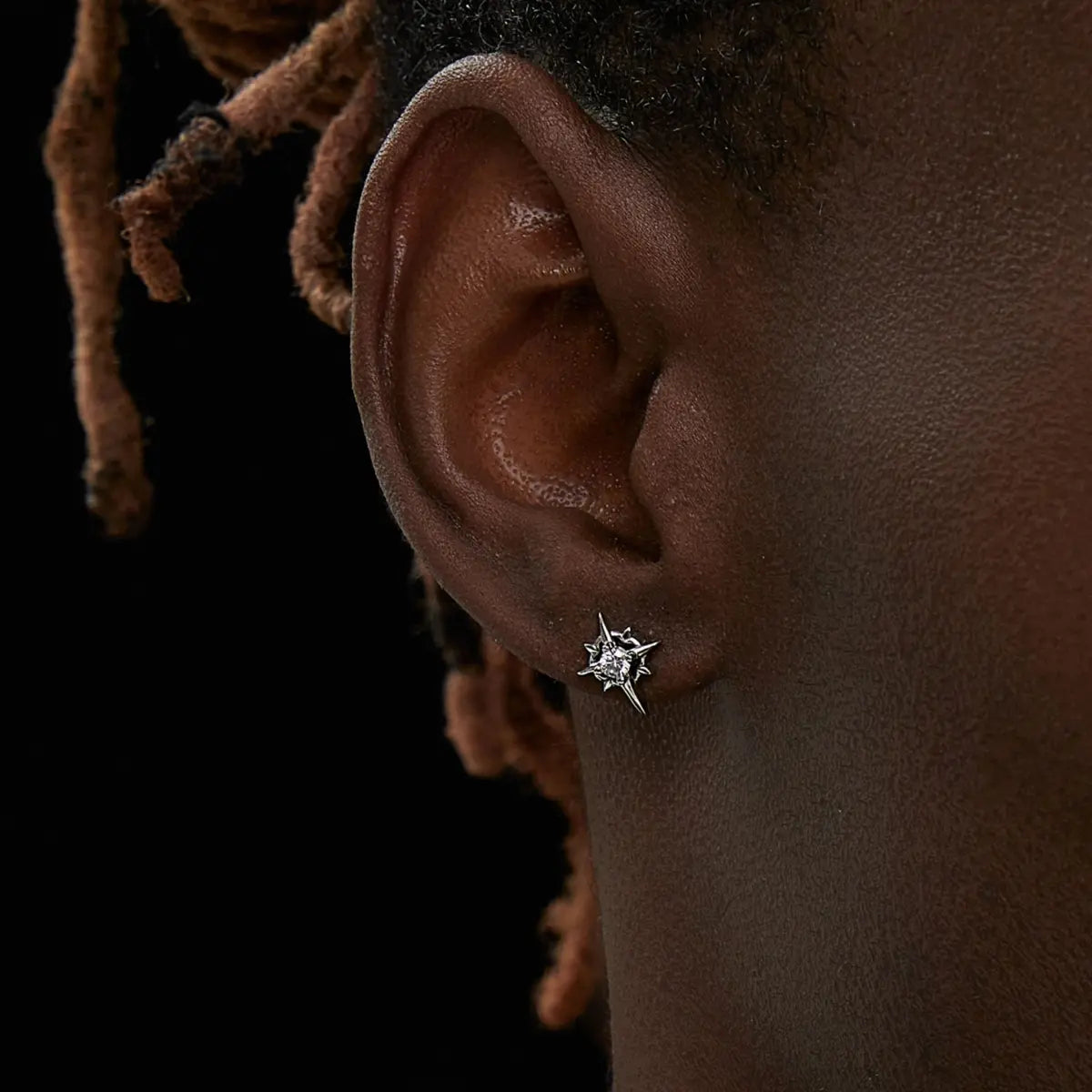 North Star Diamond Stud Earrings White Worn by Male Model